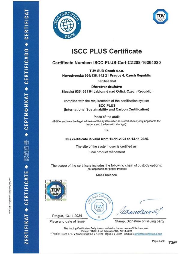 Certifikát ISCC PLUS