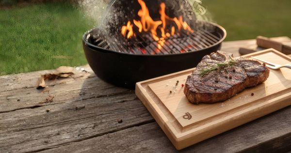Grilovaný hovězí steak s rozmarýnem servírovaný na masivním dřevěném prkénku Dřevotvar s drážkou na zachycení šťávy